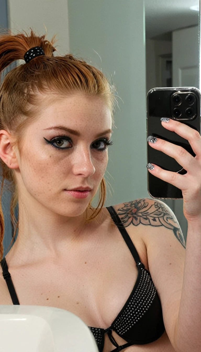 iphone mirror selfie, holding phone, ginger girl, greek, freckles, ponytail wrapped hair, tattoed, black eyes, dark eyes, black g string, punk rock make up, black thong,