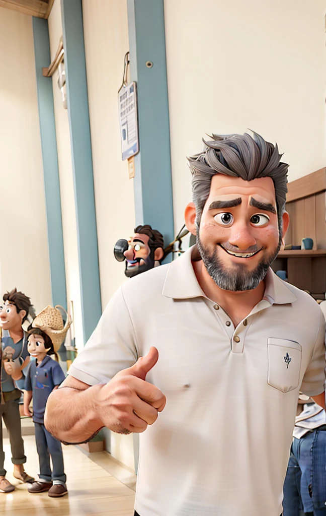 Pixar-style 3D movie poster: A man between 40 and 45years old, with straight hair and a large gray quiff, no samurai style. He has a neatly trimmed beard and a bright smile. He has a megaphone in his hands, pointing at something, and wearing a polo shirt. His eyes have a slightly droopy expression. Hair should be combed back, but without elements of the samurai style.