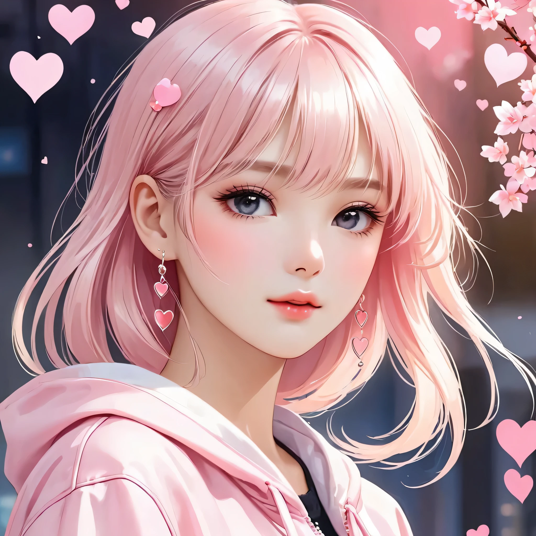 Momoko Sakura Pink and White style, Simple Line Initialism,Abstract art,Urban Background, (((The most beautiful girl of all time))), Sweet face. Lips in love, colorful hearts, stylish design