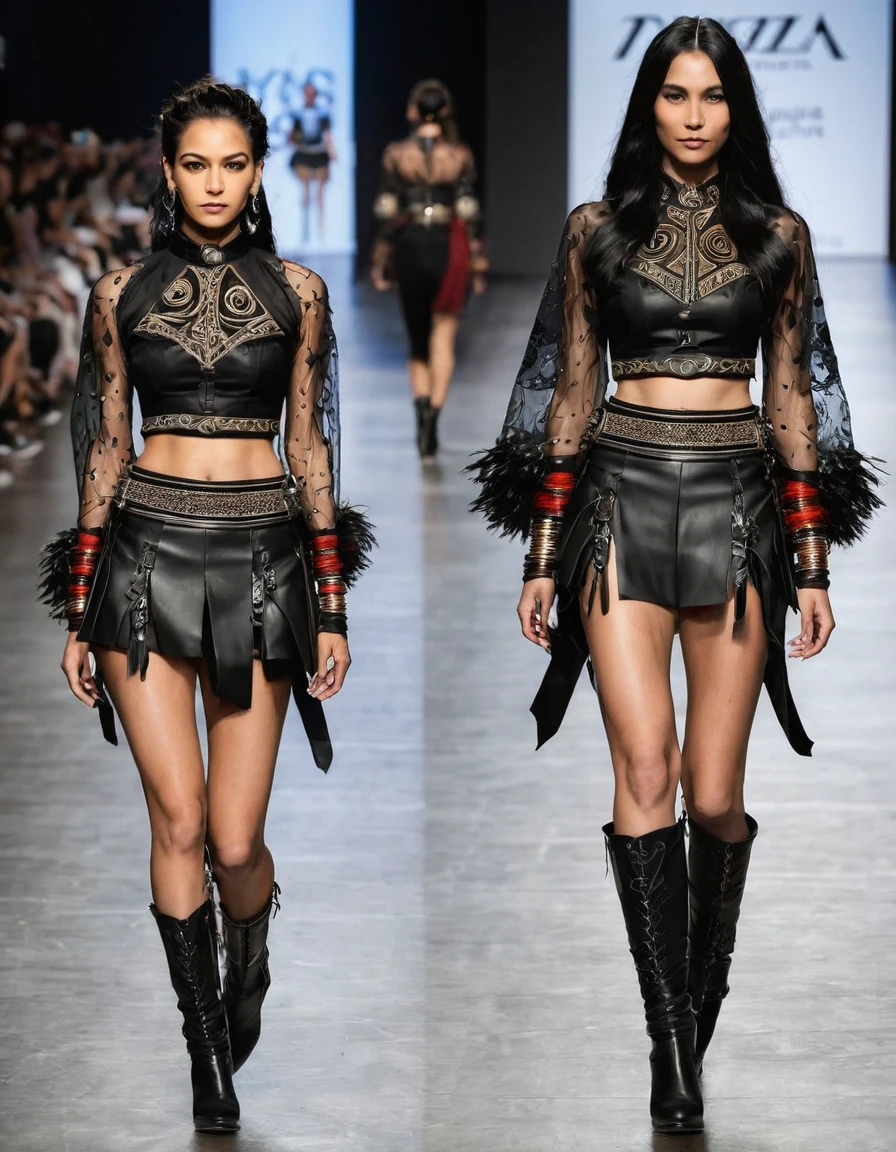 ### Opción de Common Clothing para Karen, Paula and Alejandra
**General Concept:**
- This clothing seeks to integrate elements of the Colombian indigenous culture with a metal and rock style, creating a unified and powerful image for the three Umzac vocalists. The idea is that each member has common elements in their outfit., but with personalized details that highlight your individuality and role within the band.
**Common Clothing:**
**blouse/shirt:**
- blouse negra de manga larga hecha de material ligero y flexible, with a design that combines leather and lace elements. The upper part of the blouse has embroidered details with indigenous motifs, including geometric patterns and representative figures of the Muisca culture.
- The sleeves of the blouse are decorated with small colorful beads and feathers on the cuffs, adding an ethnic and elegant touch.
**corset:**
- corset de cuero negro ajustado, with metal buckles and tribal embroidery details on the front. Each corset can have a unique design, representing different symbols or indigenous stories. The sides of the corset have criss-cross laces that adjust for comfort and style.
**Skirt and Pants:**
- Asymmetrical layered tulle skirt, combining dark tones like black and red, with lace details and indigenous embroidery on the edges. The skirt is shorter in the front and longer in the back, allowing freedom of movement and creating a dramatic effect on stage.
- Under the skirt, They wear tight black leather shorts with stud details and tribal embroidery on the sides, providing an aggressive and stylized look.
**belt:**
- belt ancho de cuero negro con una gran hebilla decorada con motivos indígenas y detalles de metal. Leather strips with small beads and feathers hang from the sides of the belt, adding dynamism and authenticity to the outfit.
**accessories:**
- Leather and metal bracelets,