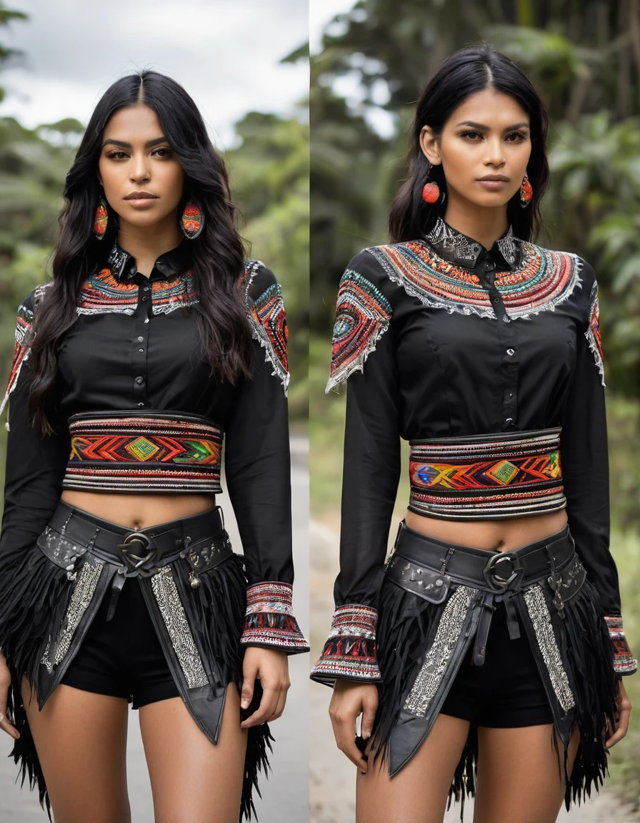 ### Opción de Common Clothing para Karen, Paula and Alejandra
**General Concept:**
- This clothing seeks to integrate elements of the Colombian indigenous culture with a metal and rock style, creating a unified and powerful image for the three Umzac vocalists. The idea is that each member has common elements in their outfit., but with personalized details that highlight your individuality and role within the band.
**Common Clothing:**
**blouse/shirt:**
- blouse negra de manga larga hecha de material ligero y flexible, with a design that combines leather and lace elements. The upper part of the blouse has embroidered details with indigenous motifs, including geometric patterns and representative figures of the Muisca culture.
- The sleeves of the blouse are decorated with small colorful beads and feathers on the cuffs, adding an ethnic and elegant touch.
**corset:**
- corset de cuero negro ajustado, with metal buckles and tribal embroidery details on the front. Each corset can have a unique design, representing different symbols or indigenous stories. The sides of the corset have criss-cross laces that adjust for comfort and style.
**Skirt and Pants:**
- Asymmetrical layered tulle skirt, combining dark tones like black and red, with lace details and indigenous embroidery on the edges. The skirt is shorter in the front and longer in the back, allowing freedom of movement and creating a dramatic effect on stage.
- Under the skirt, They wear tight black leather shorts with stud details and tribal embroidery on the sides, providing an aggressive and stylized look.
**belt:**
- belt ancho de cuero negro con una gran hebilla decorada con motivos indígenas y detalles de metal. Leather strips with small beads and feathers hang from the sides of the belt, adding dynamism and authenticity to the outfit.
**accessories:**
- Leather and metal bracelets,