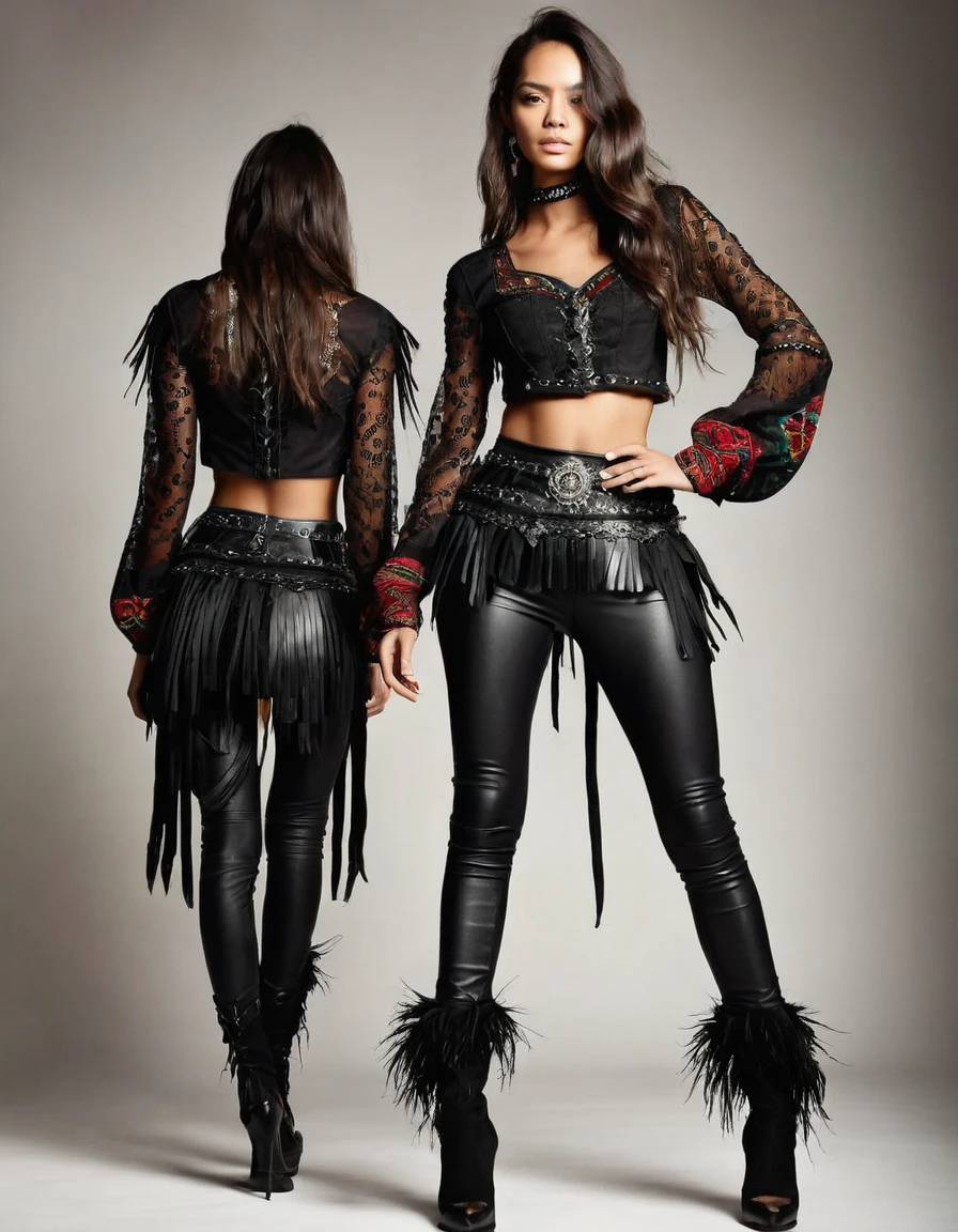### Opción de Common Clothing para Karen, Paula and Alejandra
**General Concept:**
- This clothing seeks to integrate elements of the Colombian indigenous culture with a metal and rock style, creating a unified and powerful image for the three Umzac vocalists. The idea is that each member has common elements in their outfit., but with personalized details that highlight your individuality and role within the band.
**Common Clothing:**
**blouse/shirt:**
- blouse negra de manga larga hecha de material ligero y flexible, with a design that combines leather and lace elements. The upper part of the blouse has embroidered details with indigenous motifs, including geometric patterns and representative figures of the Muisca culture.
- The sleeves of the blouse are decorated with small colorful beads and feathers on the cuffs, adding an ethnic and elegant touch.
**corset:**
- corset de cuero negro ajustado, with metal buckles and tribal embroidery details on the front. Each corset can have a unique design, representing different symbols or indigenous stories. The sides of the corset have criss-cross laces that adjust for comfort and style.
**Skirt and Pants:**
- Asymmetrical layered tulle skirt, combining dark tones like black and red, with lace details and indigenous embroidery on the edges. The skirt is shorter in the front and longer in the back, allowing freedom of movement and creating a dramatic effect on stage.
- Under the skirt, They wear tight black leather shorts with stud details and tribal embroidery on the sides, providing an aggressive and stylized look.
**belt:**
- belt ancho de cuero negro con una gran hebilla decorada con motivos indígenas y detalles de metal. Leather strips with small beads and feathers hang from the sides of the belt, adding dynamism and authenticity to the outfit.
**accessories:**
- Leather and metal bracelets,