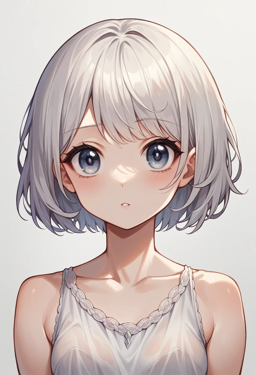 Summer knit with short hair and white, summer knit, Short hair, short hair with bangs, Cute face girl, Cute little face in portrait, seductive expression, French Bob, pale fair skin!!, short white hair and large eyes, feeling aroused, soft portrait shot 8 k, beautiful light big eyes, Beautiful young girl, Young girl in a bob cut, Top image quality, See-through gowns,