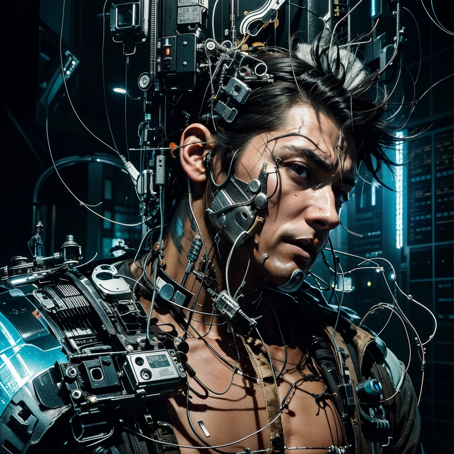 a drawing of a man with a gun and wires in his hair, detailed portrait of a cyborg, futuristic tetsuo, cyborg and wire details, detailed cyberpunk illustration, intricate cyborg, cyborg portrait, neuromancer, akehiko inoue and ross tran, cyber space cowboy, 4k detailed digital art, portrait of a cyberpunk machine, (cybernetic)
