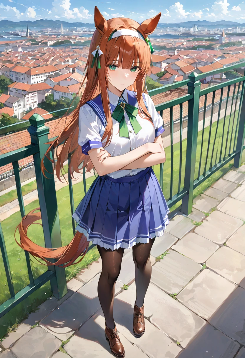 masterpiece, best quality, ultra detailed, detailed eyes, sparkling eyes, masterpiece,realistic, 1girl,silence suzuka (umamusume),silence suzuka(Mufti),horse girl,horse ears,horse tail,orange hair,green eyes,long hair,hairband,ear_covers,white shirt,short sleeves,green_ribbon,blue skirt,pantyhose,brown footwear,solo,against fence, outdoors, town,