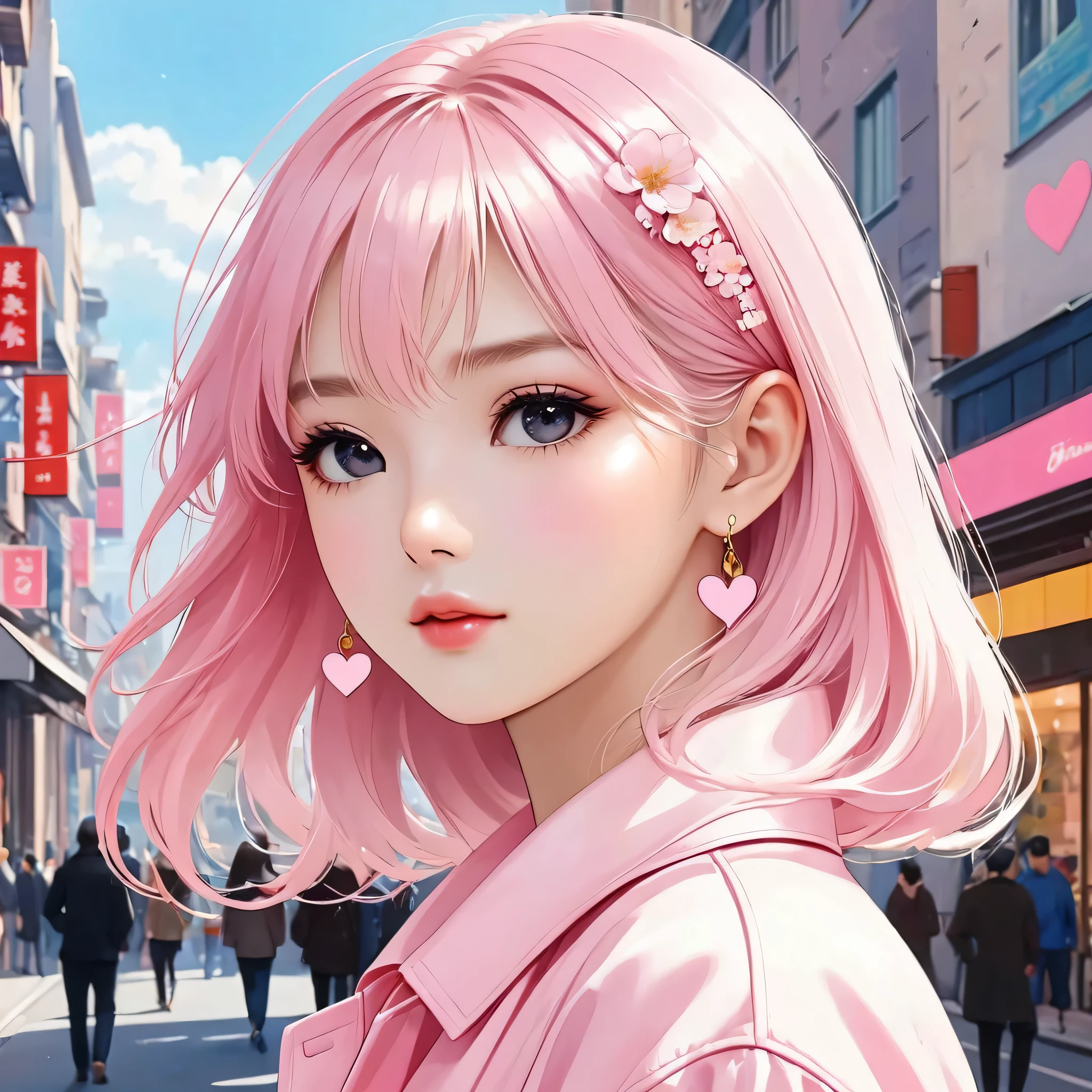 Momoko Sakura Pink and White style, Simple Line Initialism，Abstract art，Urban Background, (((The most beautiful girl of all time))), Sweet face. Lips in love, colorful hearts, stylish design