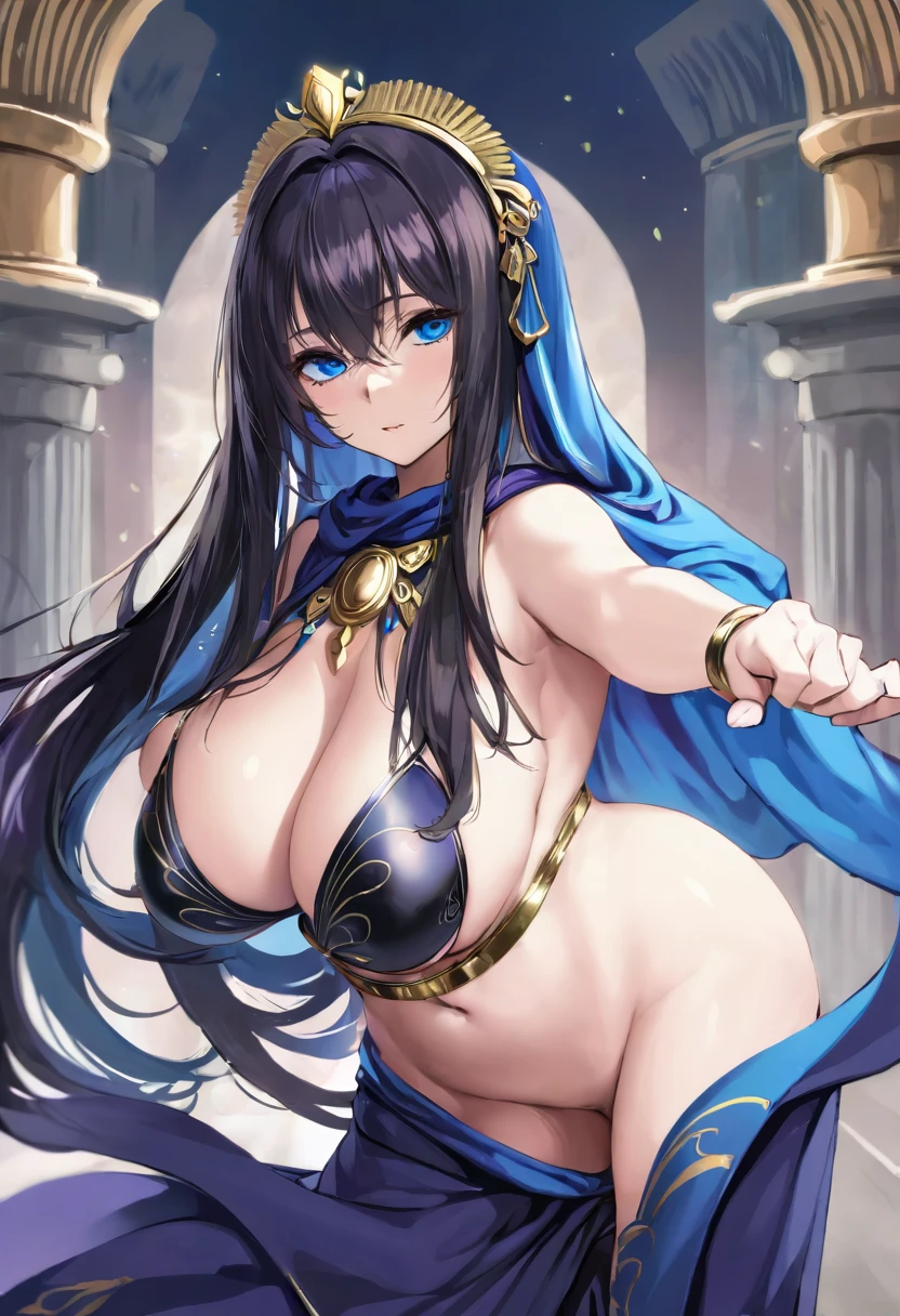 Girl with long hair, black, blue eyes. With big breasts, slim with hips and ass. Dressed as a Greco-Roman goddess
