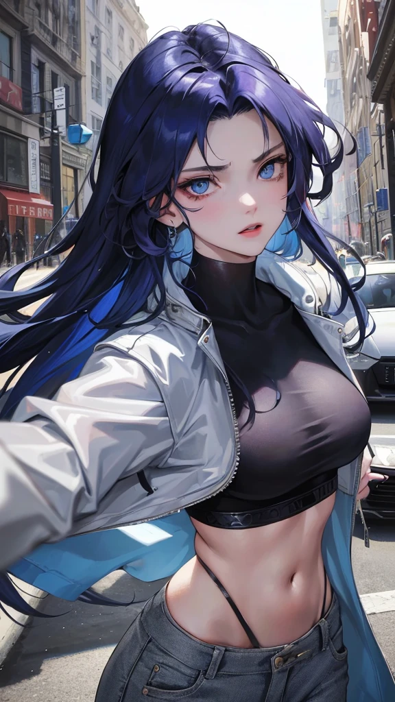 (Top resolution、Distinct_image)top-quality、A girl、​masterpiece、highly detailed 、Semi-realistic、blue eyes 、18year old、young 、Exquisite facial features、Facial features ,variation potrait, big breasts, injured, ruined city background, dark blue hair with puple hilight , long  hairstyles, zombies apocalypse, teenage, cool , cold sharp eyes, surviving, wear white sport crop top, and jacket,grey Miliary pants 