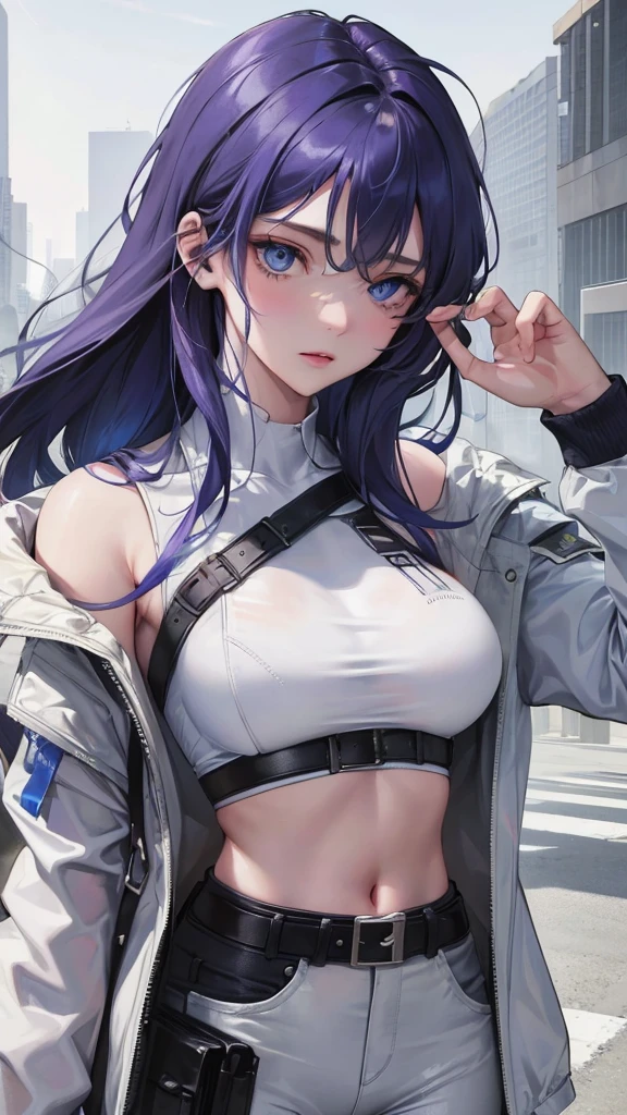(Top resolution、Distinct_image)top-quality、A girl、​masterpiece、highly detailed 、Semi-realistic、blue eyes 、18year old、young 、Exquisite facial features、Facial features ,variation potrait, big breasts, injured, ruined city background, dark blue hair with puple hilight , long  hairstyles, zombies apocalypse, teenage, cool , cold sharp eyes, surviving, wear white sport crop top, and jacket,grey Miliary pants 