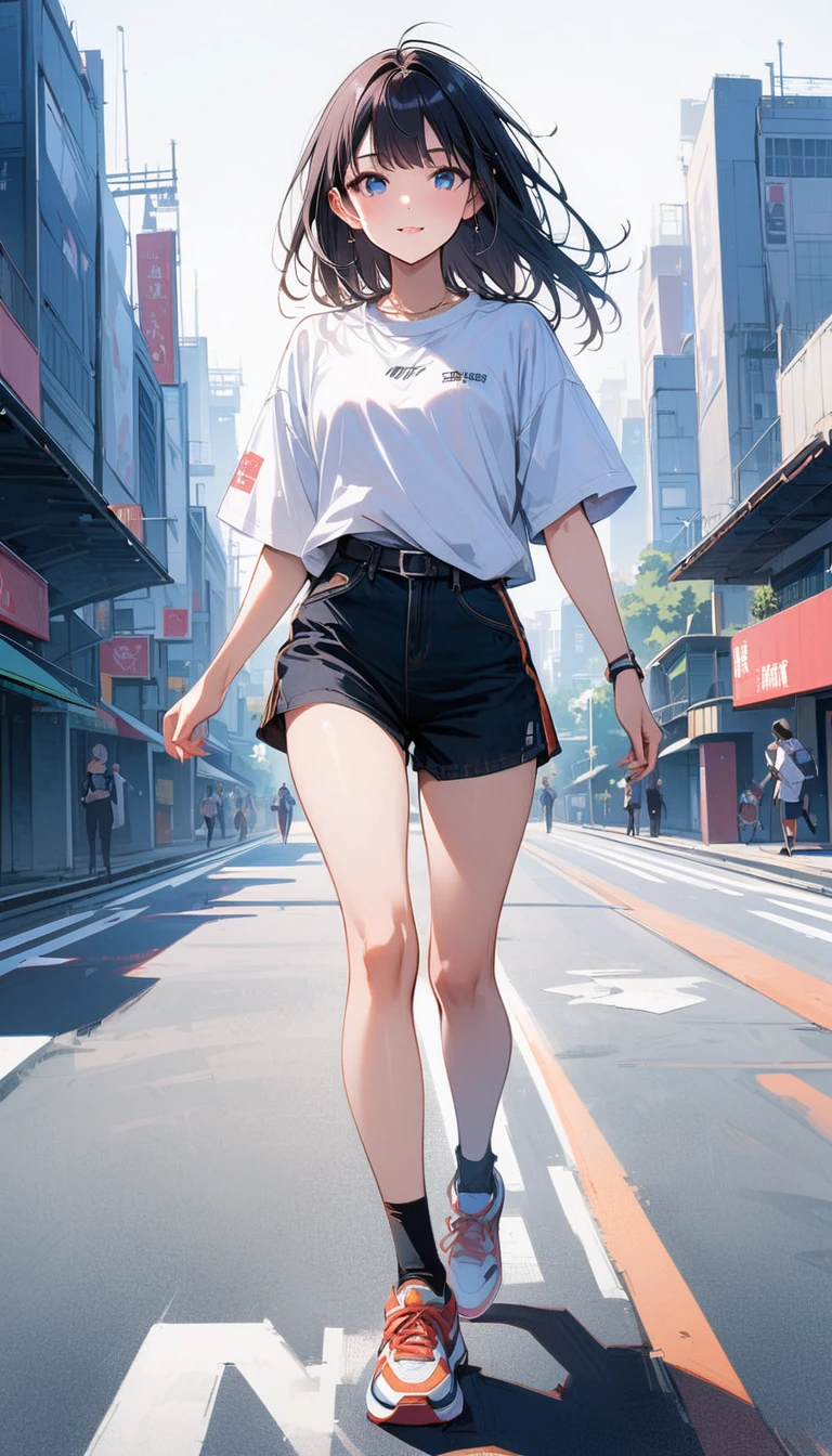 (masterpiece, best quality:1.2), 18 years old, very beautiful girl, alone, (Tokyo City), Happy expression looking at the camera, blue eyes, Accurate face, white big shirt, hot pants, running shoes, whole body, simple background, Nizi,