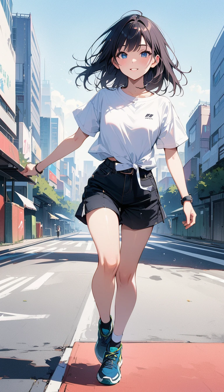 (masterpiece, best quality:1.2), 18 years old, very beautiful girl, alone, (Tokyo City), Happy expression looking at the camera, blue eyes, Accurate face, white big shirt, hot pants, running shoes, whole body, simple background, Nizi,