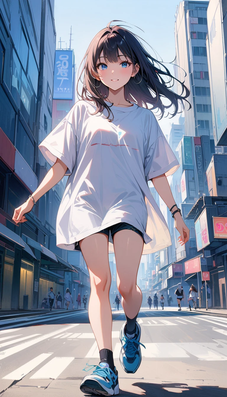 (masterpiece, best quality:1.2), 18 years old, very beautiful girl, alone, (Tokyo City), Happy expression looking at the camera, blue eyes, Accurate face, white big shirt, hot pants, running shoes, whole body, simple background, Nizi,