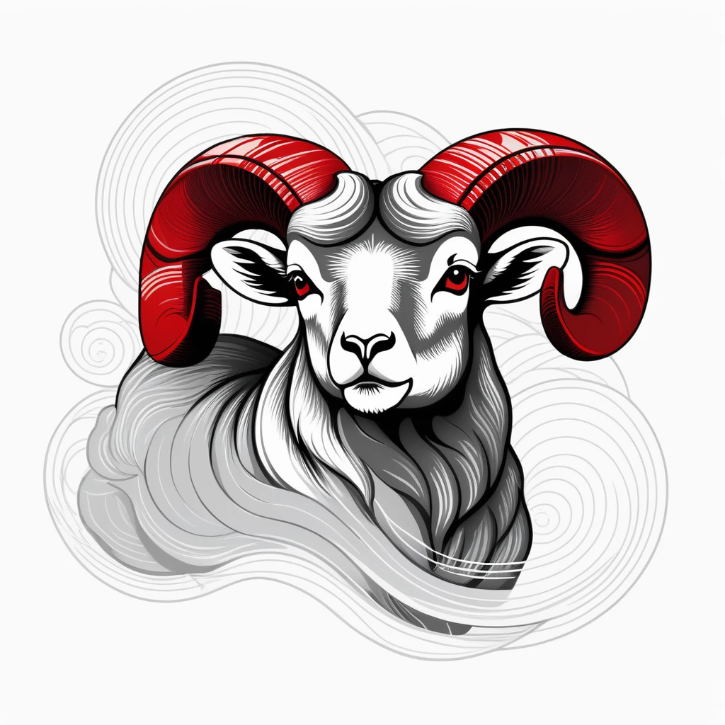 Aries ram formed by wind patterns, meteorological chart style, dynamic and unpredictable, storm cloud lighting, isobar line art, shades of gray with red accents, full front print, topographic map texture, weather enthusiast streetwear, T-shirt design graphic, vector, contour, white background
