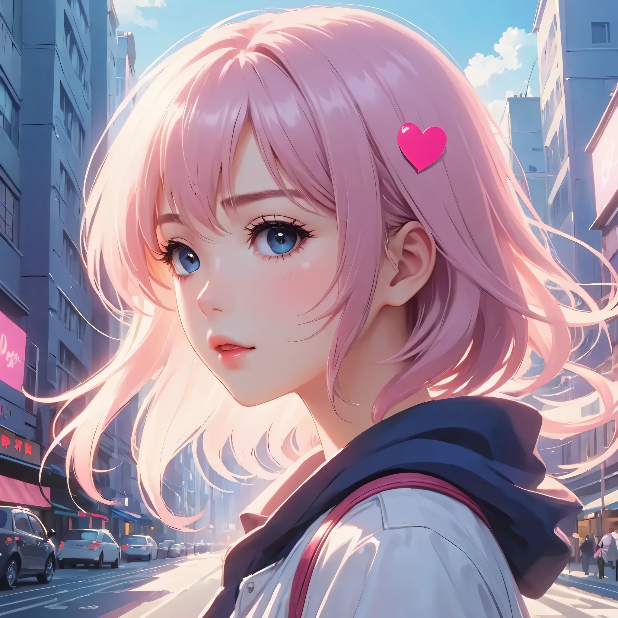 Makoto Shinkai Pink and White style, Simple Line Initialism,Abstract art,Urban Background, (((The most beautiful girl of all time))), Sweet face. Lips in love, colorful hearts, stylish design