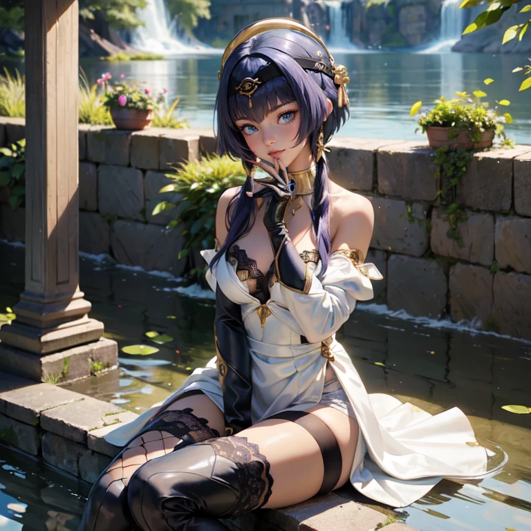 1girl, maid dress, jewelry, purple hair, flowing hair, long hair, white roses, firefly, oriental architecture, maid dress with a short skirt and layers, gold laces, dress with transparency, gold details on her clothes, lake, seat on the water, a garden with lake scenery, more details, perfectly body, perfectly hands, two hands, two legs, two arms, five fingers, glowing hair, best quality, alone, maid headdress, choker, detached sleeves, maid dress, maid dress, strapless, masterpiece, best quality, detailed face, night, asymmetrical gloves, bangs, short skirt , gloves, boots, earrings, elbow gloves, fishnet thigh highs, fish masterpiece, solo, best quality, detailed face, gloves, hair between eyes, jewelry, long hair, looking at viewer, single earring, sky, solo, thigh boots, thigh highs, tongue, tongue out, uneven gloves, sitting