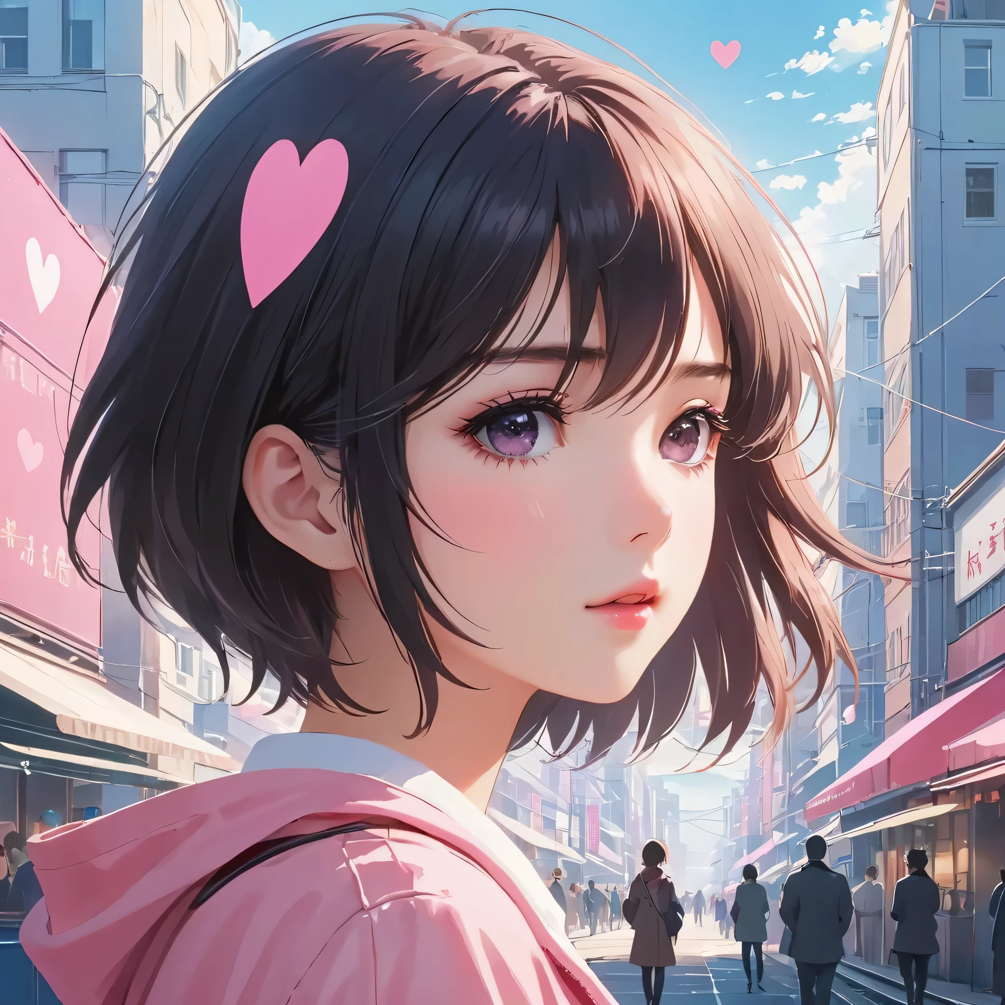 Makoto Shinkai Pink and White style, Simple Line Initialism,Abstract art,Urban Background, (((The most beautiful girl of all time))), Sweet face. Lips in love, colorful hearts, stylish design
