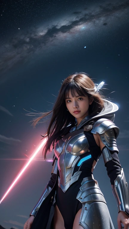 Pink battle armor、Goddess of War、Staff、High resolution、Unknown powers、thunder、Wind、inflammation、muscle、Planetary alignment、Starry Sky、Blue light、Laser beam、