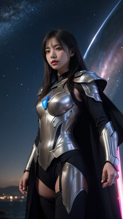 Pink battle armor、Goddess of War、Staff、High resolution、Unknown powers、thunder、Wind、inflammation、muscle、Planetary alignment、Starry Sky、Blue light、Laser beam、