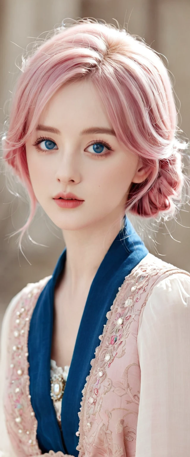 (Antique style, girly: 1.2, pink hair: 1.1, blue eyes: 1.1, big eyes)