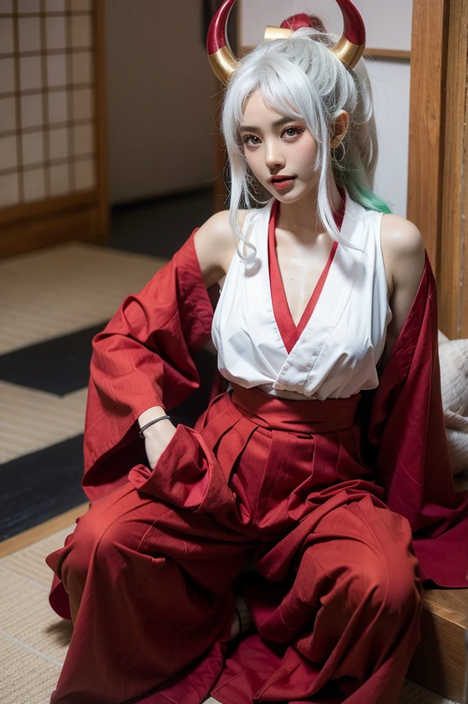 Yamato,One girl,alone,horn,Yamato \(one piece\),kimono,Sitting,Underarm,curled horn,Long Hair,chest,Side bust,rope,Multicolored Hair,Gray Hair,kimono,red horn,No sleeve kimono,indoor,No sleeve,Green Hair,feet,裸feet,hakama pants,They are,ability,hair ornaments,pants,Two-tone hair,very Long Hair,Hakama skirt,Bare arms,
Highest quality,masterpiece,figure,Very delicate and beautiful,CG,Unity,8k wallpaper,wonderful,In detail,masterpiece,Official Art,Very detailed CG Unity 8k wallpaper,Incredibly absurd,Large file size,Super detailed,High resolution,Very detailed,Beautiful detailed girl,Realistic,