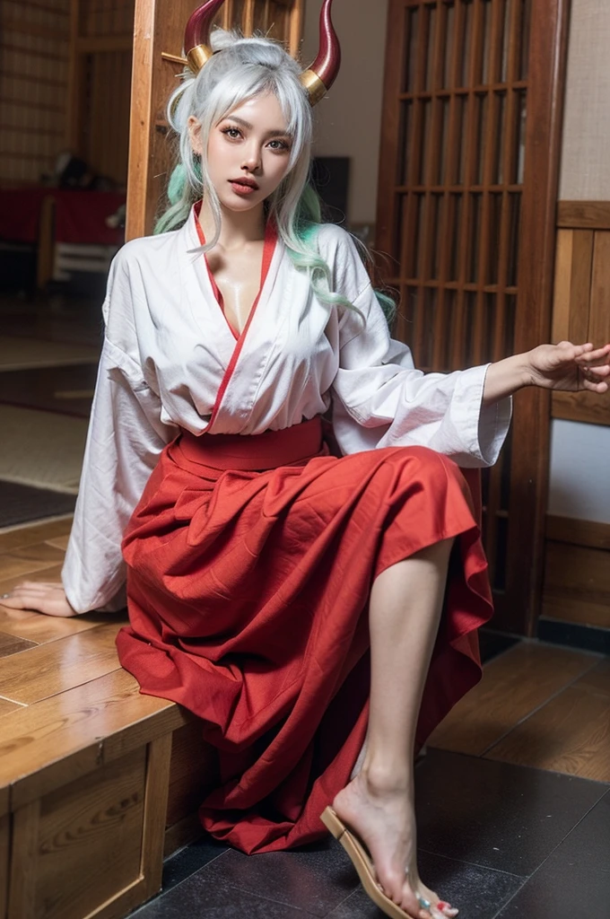 Yamato,One girl,alone,horn,Yamato \(one piece\),kimono,Sitting,Underarm,curled horn,Long Hair,chest,Side bust,rope,Multicolored Hair,Gray Hair,kimono,red horn,No sleeve kimono,indoor,No sleeve,Green Hair,feet,裸feet,hakama pants,They are,ability,hair ornaments,pants,Two-tone hair,very Long Hair,Hakama skirt,Bare arms,
Highest quality,masterpiece,figure,Very delicate and beautiful,CG,Unity,8k wallpaper,wonderful,In detail,masterpiece,Official Art,Very detailed CG Unity 8k wallpaper,Incredibly absurd,Large file size,Super detailed,High resolution,Very detailed,Beautiful detailed girl,Realistic,