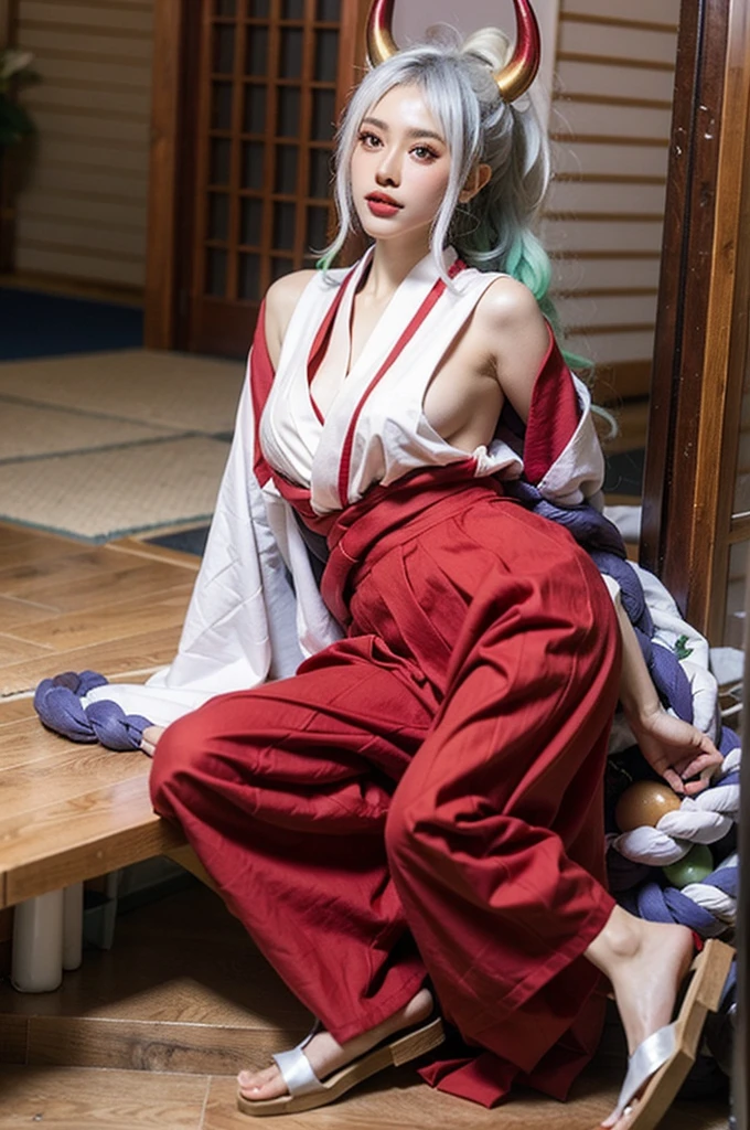 Yamato,One girl,alone,horn,Yamato \(one piece\),kimono,Sitting,Underarm,curled horn,Long Hair,chest,Side bust,rope,Multicolored Hair,Gray Hair,kimono,red horn,No sleeve kimono,indoor,No sleeve,Green Hair,feet,裸feet,hakama pants,They are,ability,hair ornaments,pants,Two-tone hair,very Long Hair,Hakama skirt,Bare arms,
Highest quality,masterpiece,figure,Very delicate and beautiful,CG,Unity,8k wallpaper,wonderful,In detail,masterpiece,Official Art,Very detailed CG Unity 8k wallpaper,Incredibly absurd,Large file size,Super detailed,High resolution,Very detailed,Beautiful detailed girl,Realistic,