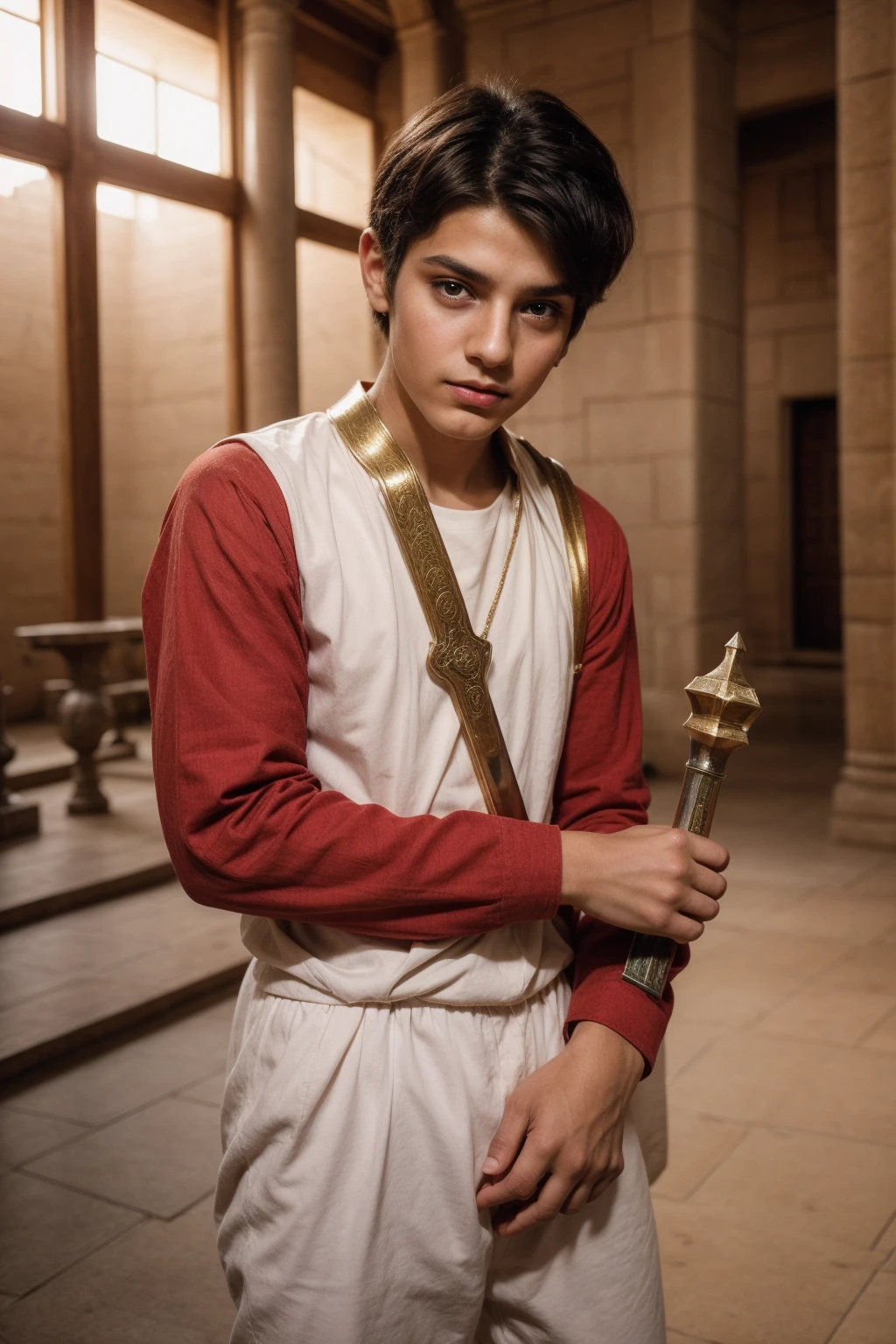 A cute, beautiful twink male with black hair and a red face with makeup. He is wearing a long-sleeved white shirt and brown pants. He is in the Museum of Antiquities from the Middle Ages before Islam. He has a golden sword in his hand and he looks in amazement.