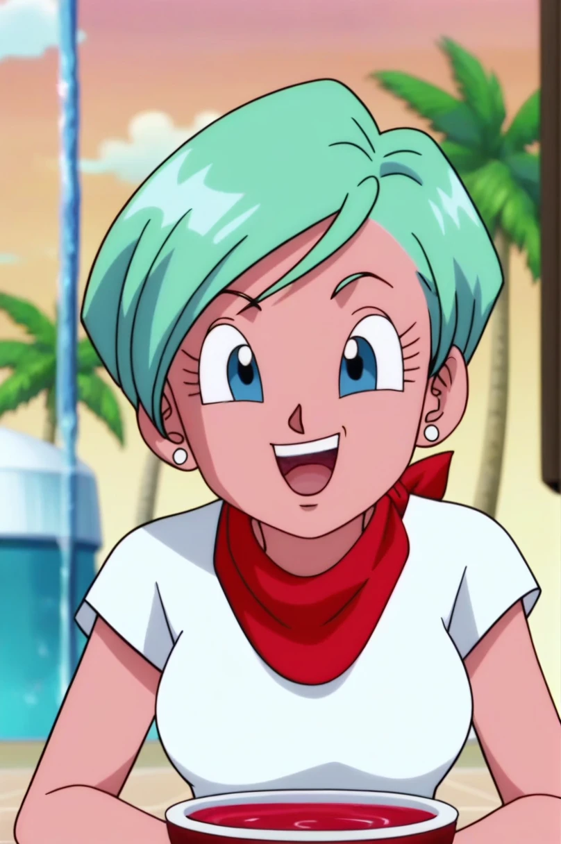 fountain_cheered up, score_9, score_8_above, score_7_above, cheered up screencap,8k, absurd res, 
BULMA, 1 girl, Alone, old, SMILE, short hair, bowl cut,  Open mouth, Blue eyes, neckline, jewelry, medium old, blue fur, White shirt, aboveper body, :d, earrings, outdoors, sky, day, cloud, blurred, tree, blue sky, red neckerchief, palm tree, Official style, cheered up coloring, portrait, scanty clothes, sexy
 