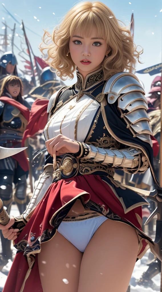 Very beautiful woman、Slender women、(Detailed face)、Realistic Skin、((Holy Knight)), ((Pearl White Armor))、((((A black armor with extremely detailed and intricate decoration.:1.1))))、((Delicate photo)),(Girl Astepeace RAW Photo Details:1.25), (Highest quality:1.6), (Ultra-high resolution:1.5), (Realistic:1.75), 8K resolution, Canon EOS R5, 50mm, Absurd, Super detailed,Cinema Lighting,((Fightfield))、((Fight))、(((White skirt with embellishments)))、Thigh-high socks、Shingard、((blonde))、((Curly Hair))、((Drill Hair))、((Short hair with bangs and wavy hair,))、Get a six pack、Cape、Beautiful Armor、(((Has a huge weapon)))、(In combat)、The wind is blowing、((Symmetrical armor))、((((Blizzard))))、(((Lead a large group of knights:1.2)))、banner、(((Battle Scenes)))、((Browsing Caution:1.2))、(((I can see her panties:1.4)))、、((Skirt lift in the wind))
