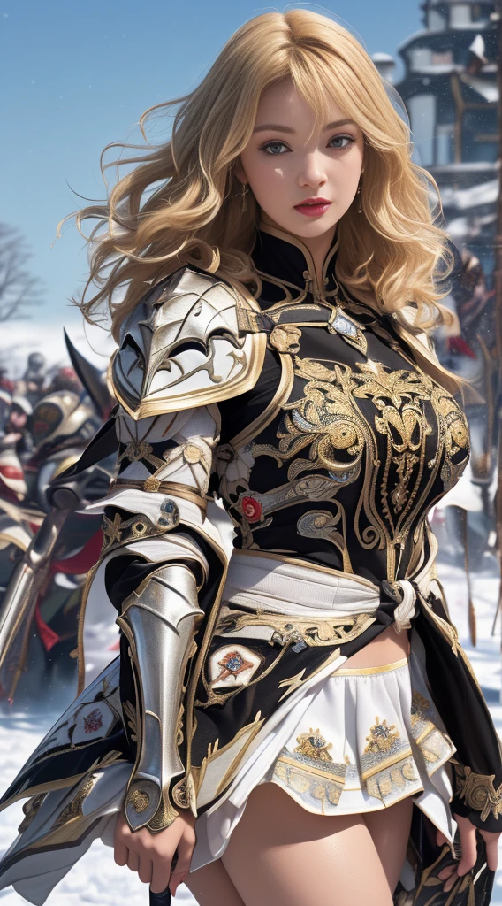 Very beautiful woman、Slender women、(Detailed face)、Realistic Skin、((Holy Knight)), ((Pearl White Armor))、((((A black armor with extremely detailed and intricate decoration.:1.1))))、((Delicate photo)),(Girl Astepeace RAW Photo Details:1.25), (Highest quality:1.6), (Ultra-high resolution:1.5), (Realistic:1.75), 8K resolution, Canon EOS R5, 50mm, Absurd, Super detailed,Cinema Lighting,((Fightfield))、((Fight))、(((White skirt with embellishments)))、Thigh-high socks、Shingard、((blonde))、((Curly Hair))、((Drill Hair))、((Short hair with bangs and wavy hair,))、Get a six pack、Cape、Beautiful Armor、(((Has a huge weapon)))、(In combat)、The wind is blowing、((Symmetrical armor))、((((Blizzard))))、(((Lead a large group of knights:1.2)))、banner、(((Battle Scenes)))、((Browsing Caution:1.2))、(((I can see her panties:1.4)))、、((Skirt lift in the wind))