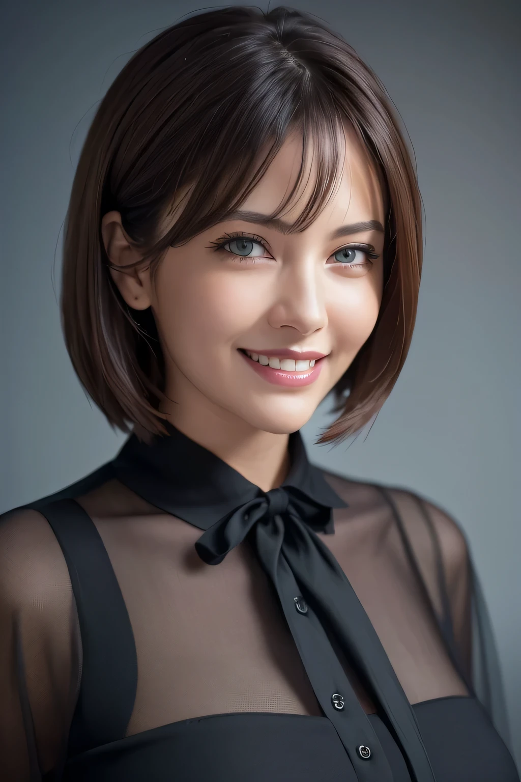((masterpiece)), ((Highest quality)), ((Complex)), ((Surreal)), (Realistic), (Mature Woman), ((There are no classes)), Very detailed, (1 female), Beautiful and exquisite, (Beautiful Teeth), Grin, Brunette Bob Hair, Brown eyes, ((blouse)), (Upper Body), (background:none), Perfect Eyes, Captivating eyes, Looking at the audience