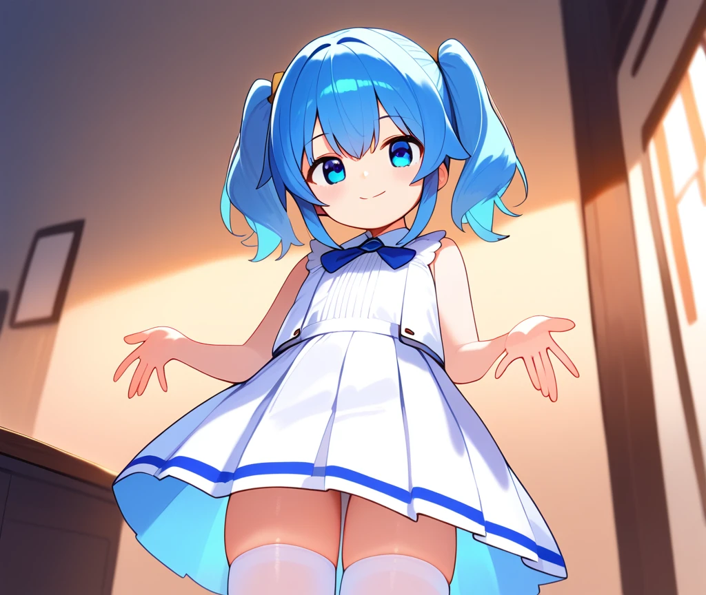 1girl, solo, blue eyes, blue hair, white , white skirt, pleated skirt, white thighhighs, twintails, bangs, smile, closed mouth, looking at viewer, indoors, standing, upper body