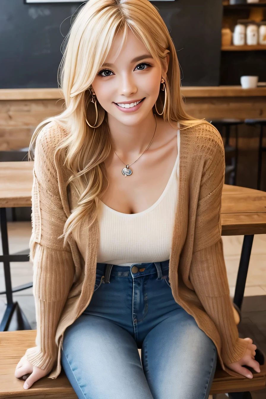 Woman sitting on a chair in a coffee shop、(Full body photo)blonde、Clear beauty、hairstyle semi long、ear piercing、Necklace around the neck、Put a cardigan over your shoulders、blouse、Skinny jeans、Short boots smile、Beautiful teeth alignment、Intricate details, Very detailed:1.2), 、 Looking into the camera、The background is a coffee shop