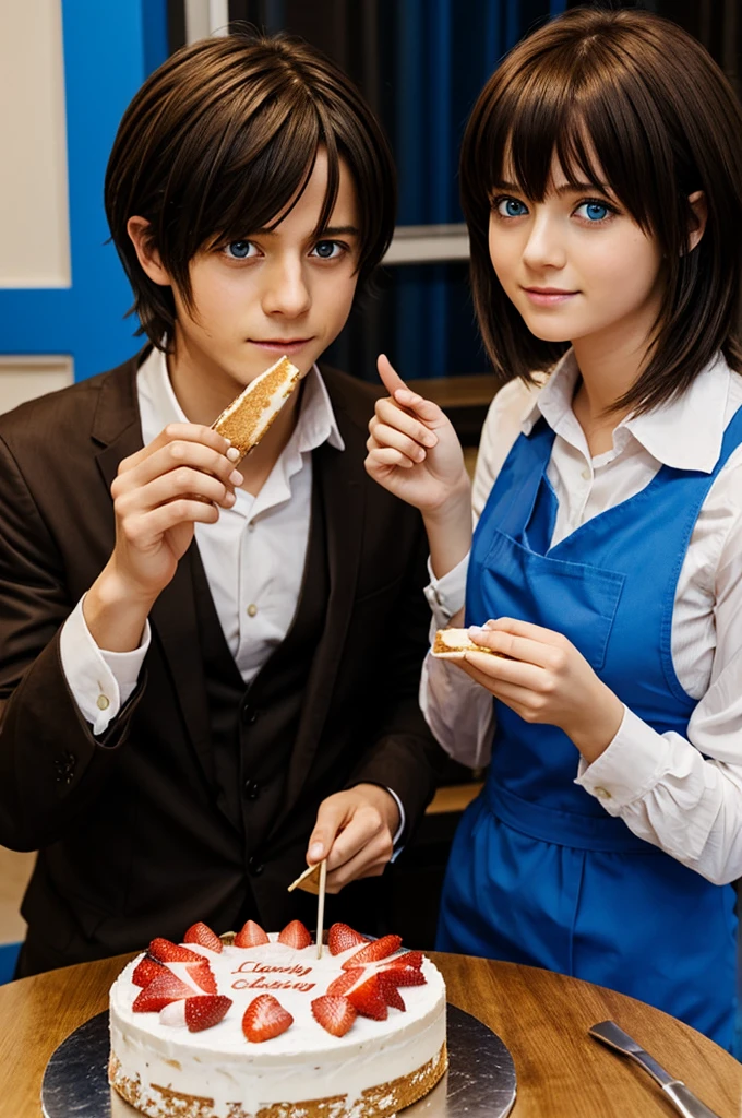 L Lawliet eating a cake with a girl with blue eyes and short brown hair