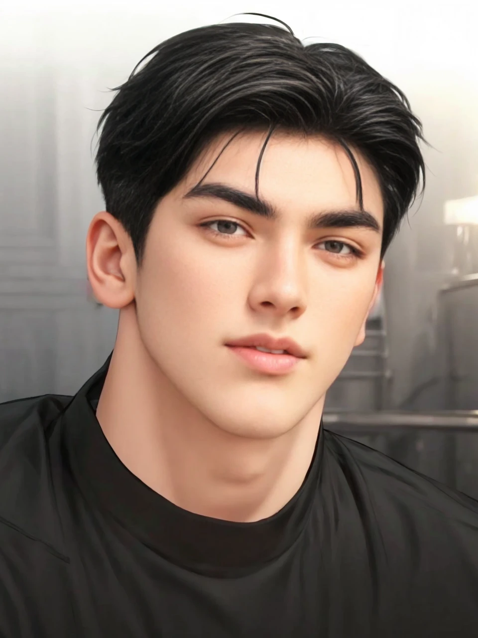 masterpiece, 1boy, adult, handsome, black hair, undercut hair, perfect face, detailed eyes and face, black eyes, clean shaved, muscular, capturing a rural atmosphere, dynamic lighting, unreal engine 5, hd picture,