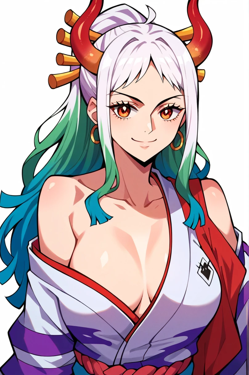score_9,score_8_superior,score_7_superior,score_6_superior, Yamato \(one piece\), One girl, alone, kimono, Multicolored Hair, jewelry, Earrings, No sleeve kimono, hair ornaments, kimono, Wrapping angle, Long Hair, They are, superiorper body, smile, rope, chest, Hairpin, No sleeve, shimenawa, White Background, Mouth closed, hoop Earrings, Bare shoulders, Simple Background, ponytail