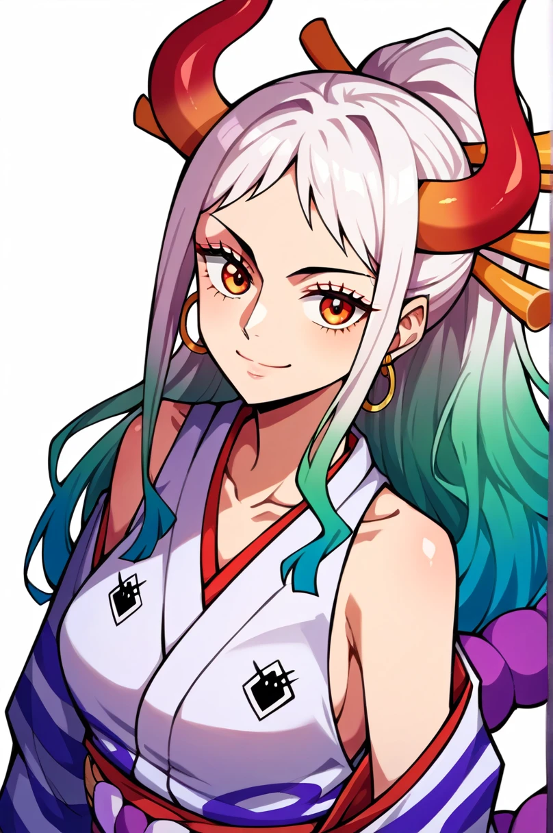 score_9,score_8_superior,score_7_superior,score_6_superior, Yamato \(one piece\), One girl, alone, kimono, Multicolored Hair, jewelry, Earrings, No sleeve kimono, hair ornaments, kimono, Wrapping angle, Long Hair, They are, superiorper body, smile, rope, chest, Hairpin, No sleeve, shimenawa, White Background, Mouth closed, hoop Earrings, Bare shoulders, Simple Background, ponytail