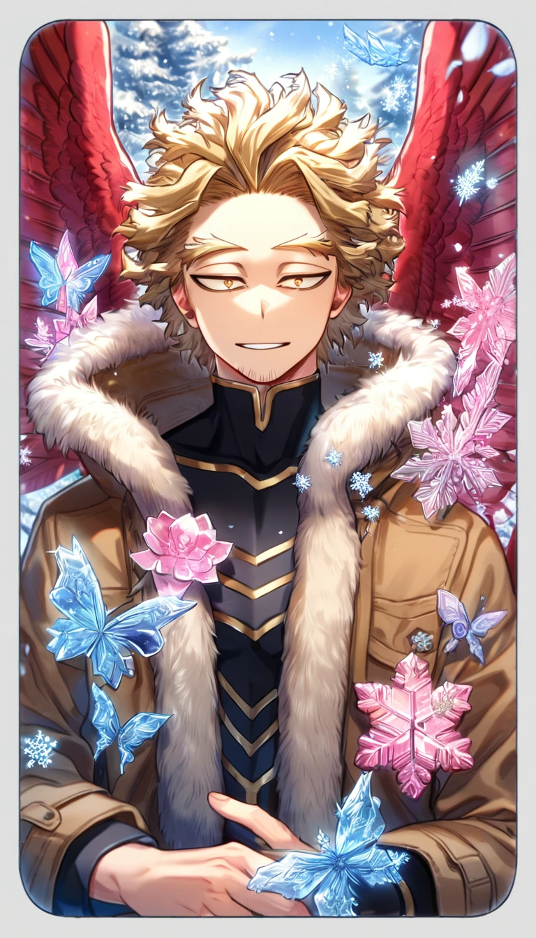 Ultra detailed, HDR, Highres, absurdres, master piece, Hawks, ash blonde hair, expressive brown-golden eyes, faint stubble, red wings, Boku No Hero Academia, brown coat with fur, black tight shirt, handsome, glass, ice glittering butterflies, ice, petals, pink ice glass flowers, glittering, water, fantasy, magical, snowflakes, cold, handsome smile, solo,