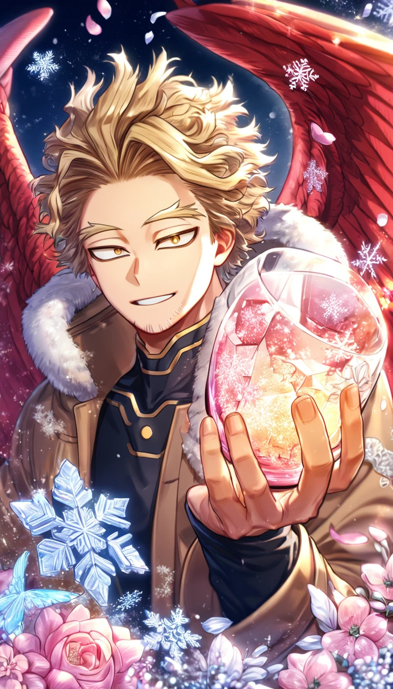 Ultra detailed, HDR, Highres, absurdres, master piece, Hawks, ash blonde hair, expressive brown-golden eyes, faint stubble, red wings, Boku No Hero Academia, brown coat with fur, black tight shirt, handsome, glass, ice glittering butterflies, ice, petals, pink ice glass flowers, glittering, water, fantasy, magical, snowflakes, cold, handsome smile, solo,