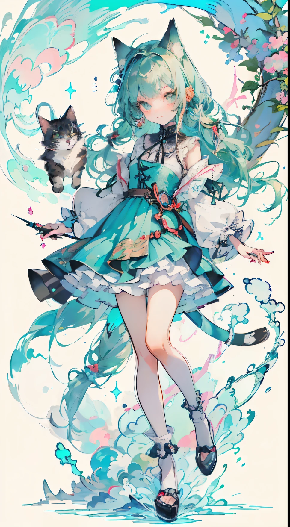 ((Tabletop, Highest quality: 1.1), ((Anime girl in a blue dress holding a magic wand)), art nouveau、Anime Cat girl in maid outfit, , ((Green hairs))、Long-haired、((Eyes like shining jewels Long lashes Transparency))、Very Beautiful Anime Cat girl, Anime cat girl, ((White knee-high socks)), Attractive cat girl, Inspired by Leiko Ikemura, Takano Aya color style, in ryuuou no oshigoto art style, Cat girl, Favorite character, rei hiroe、With a smile