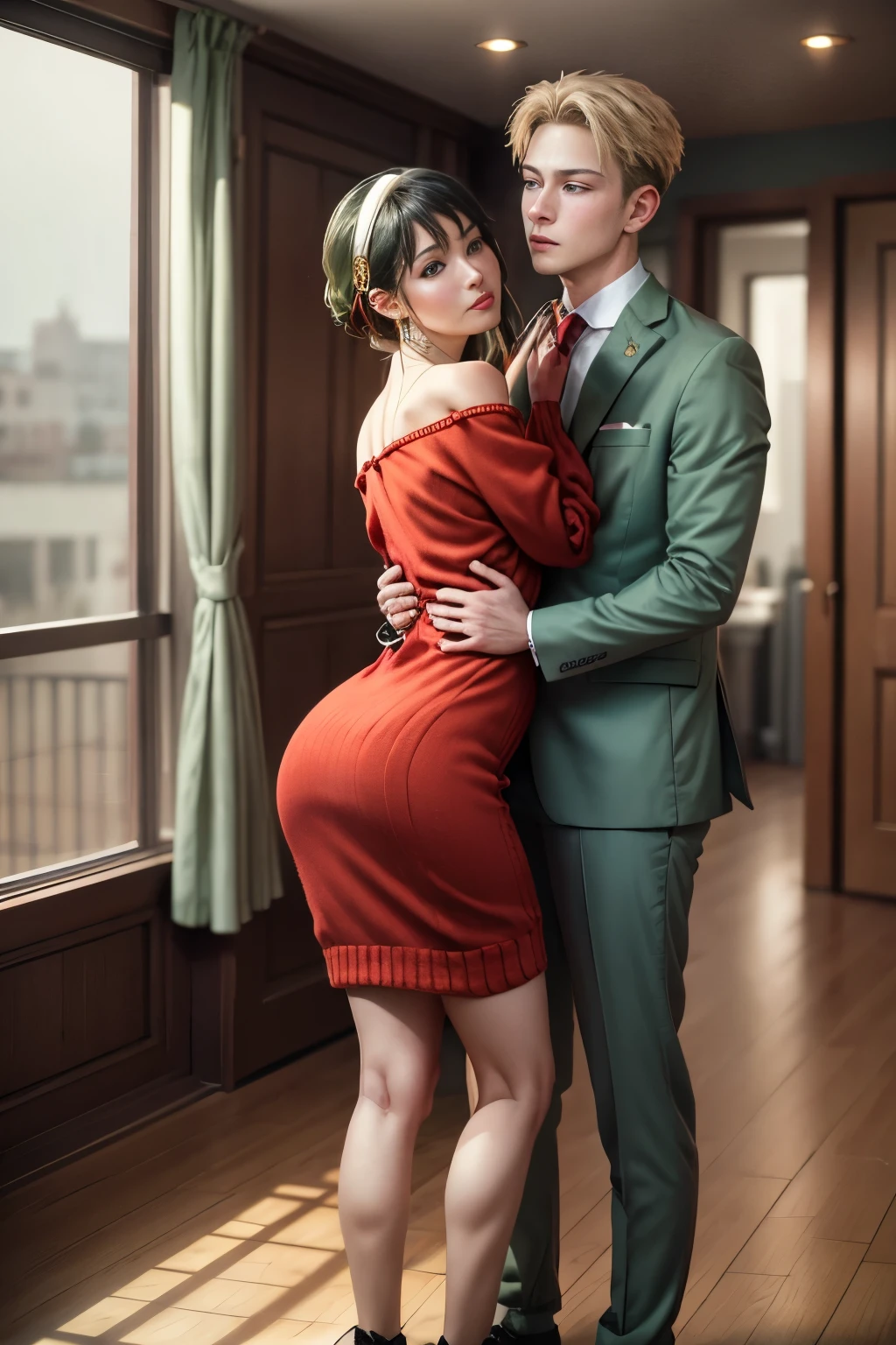 (masterpiece, best quality:1.2), high resolution, intricate details, extremely detailed, realistic and sharp details, (full body), hetero, couple having doggy style sex, front view, (1girl, getting fucked from behind by 1boy, hairband, off shoulder red sweater minidress), (1boy wearing light green business suit, standing behind her and fucked her), photo background, indoors, home,
