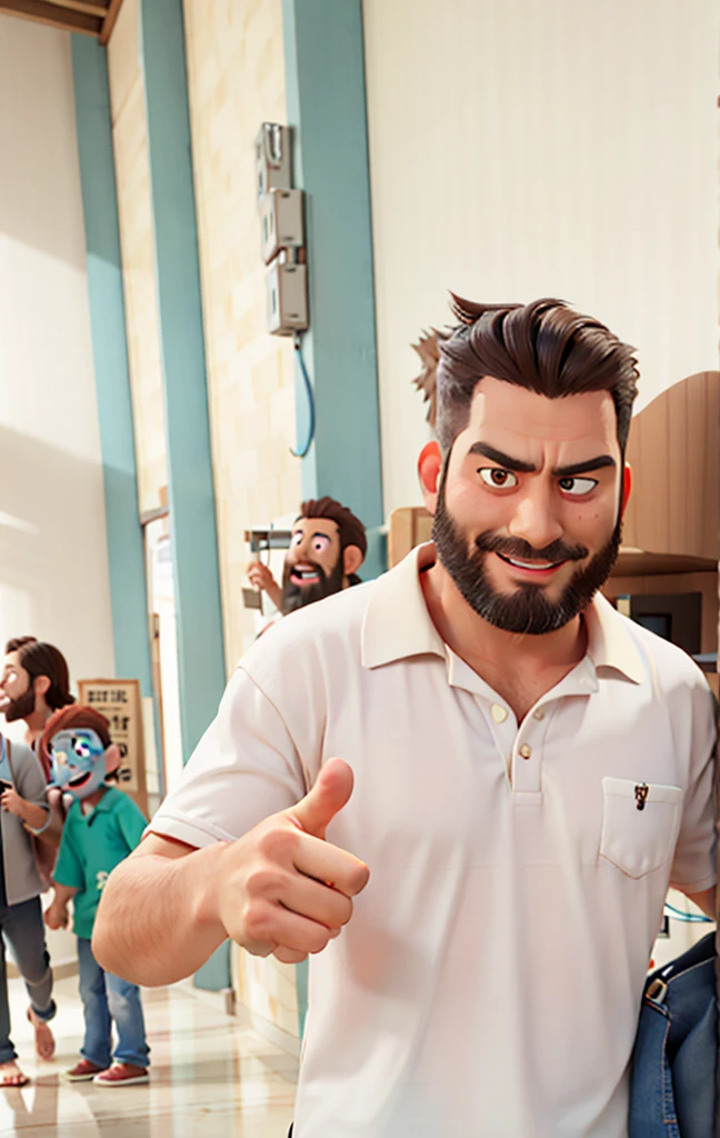 Pixar-style 3D movie poster: A man between 40 and 45years old, with straight hair and a large gray quiff, no samurai style. He has a neatly trimmed beard and a bright smile. He has a megaphone in his hands, pointing at something, and wearing a polo shirt. His eyes have a slightly droopy expression. Hair should be combed back, but without elements of the samurai style.