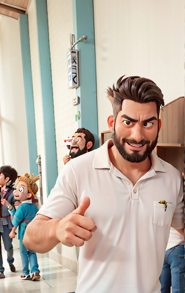 Pixar-style 3D movie poster: A man between 40 and 45years old, with straight hair and a large gray quiff, no samurai style. He has a neatly trimmed beard and a bright smile. He has a megaphone in his hands, pointing at something, and wearing a polo shirt. His eyes have a slightly droopy expression. Hair should be combed back, but without elements of the samurai style.