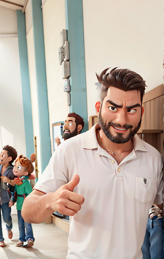 Pixar-style 3D movie poster: A man between 40 and 45years old, with straight hair and a large gray quiff, no samurai style. He has a neatly trimmed beard and a bright smile. He has a megaphone in his hands, pointing at something, and wearing a polo shirt. His eyes have a slightly droopy expression. Hair should be combed back, but without elements of the samurai style.