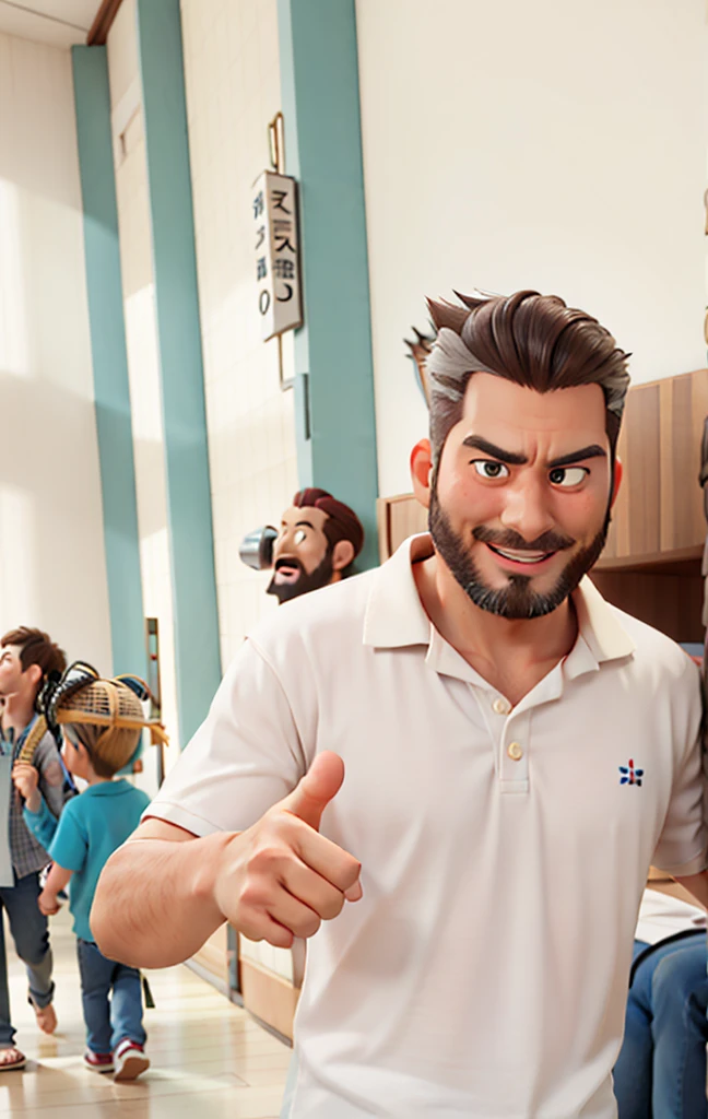 Pixar-style 3D movie poster: A man between 40 and 45years old, with straight hair and a large gray quiff, no samurai style. He has a neatly trimmed beard and a bright smile. He has a megaphone in his hands, pointing at something, and wearing a polo shirt. His eyes have a slightly droopy expression. Hair should be combed back, but without elements of the samurai style.