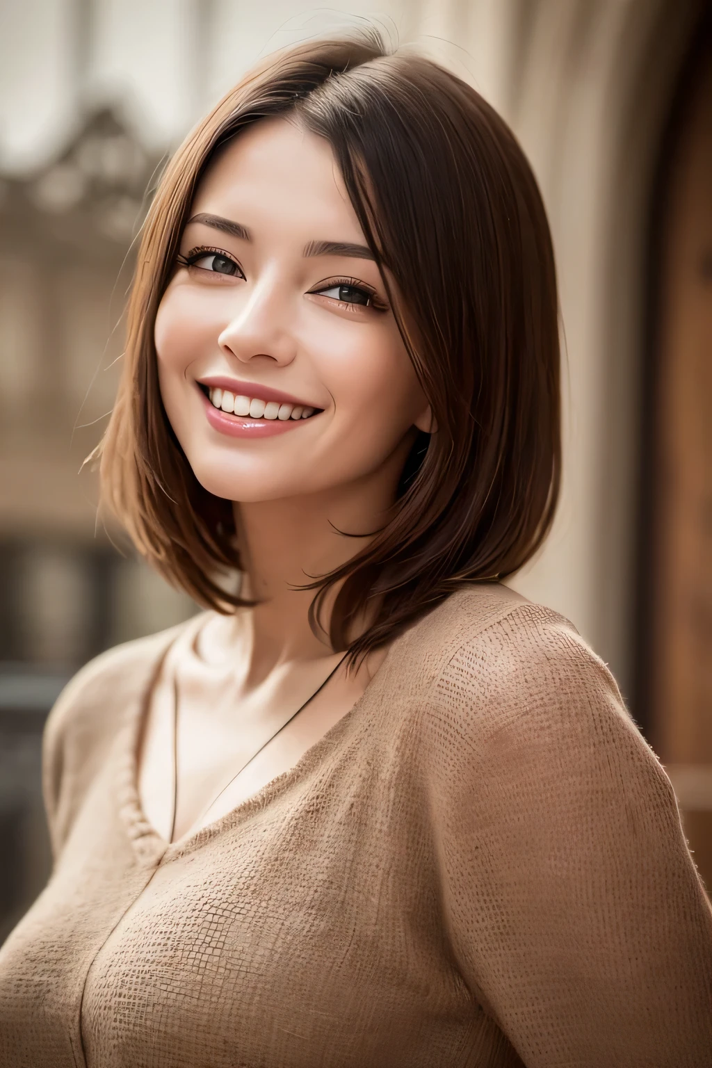 ((masterpiece)), ((Highest quality)), ((Complex)), ((Surreal)), (Realistic), (Mature Woman), ((There are no classes)), Very detailed, (1 female), Beautiful and exquisite, (Beautiful Teeth), Grin, Brunette Bob Hair, Brown eyes, ((blouse)), (Upper Body), (background:none), Perfect Eyes, Captivating eyes, Looking at the audience