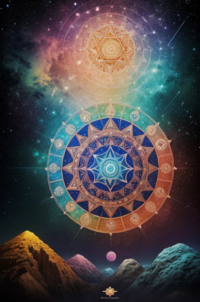 Create a geometric painting of all nine planet of astrology in tantrik style (use soft pastel color)