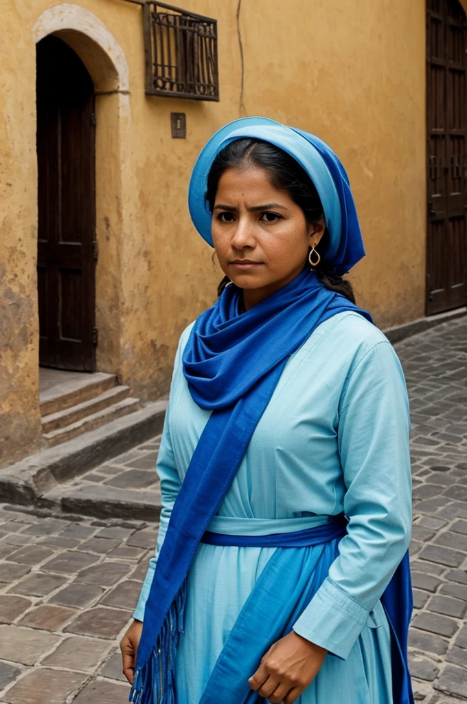 Generate an image of Ana Peralta or a mestizo woman participating in a social protest. The woman must wear a sky blue shawl. The scene must be represented as an oil painting from the colonial era, with colors and artistic styles typical of that period. Include details of the colonial setting, like Spanish style buildings, cobbled streets and traditional clothing of the time."