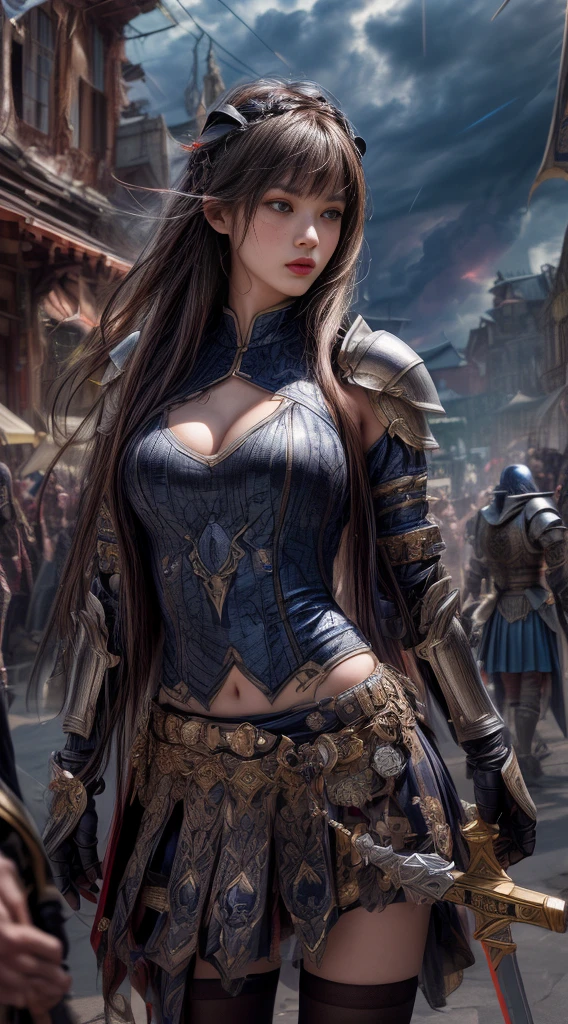Cowboy Shot、Very beautiful woman、Slender women、(Detailed face)、Realistic Skin、((evil knight)), (Black Armor)、((((非常に細かく複雑な装飾が施されたBlack Armor))))、((Delicate photo)),(Girl Astepeace RAW Photo Details:1.25), (Highest quality:1.6), (Ultra-high resolution:1.5), (Realistic:1.75), 8K resolution, Canon EOS R5, 50mm, Absurd, Super detailed,Cinema Lighting,Battlefields of Medieval Europe、((Fight))、RPG World、Final Fantasy、(((Decorative skirt)))、Thigh-high socks、Shingard、night、((Long hair with bangs,))、Get a six pack、Torn Cloak、Beautiful Armor、(((Giant Sword)))、In combat、The wind is blowing、((Asymmetric Armor:1.5))、(((thunderstorm)))、((Knight Commander))、(((Leading a large group of black knights)))、banner、Wolf Pattern:1.5、(((Battle Scenes)))、