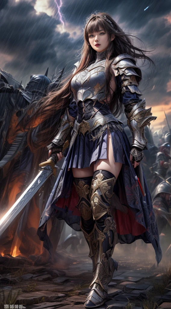 Cowboy Shot、Very beautiful woman、Slender women、(Detailed face)、Realistic Skin、((evil knight)), (Black Armor)、((((非常に細かく複雑な装飾が施されたBlack Armor))))、((Delicate photo)),(Girl Astepeace RAW Photo Details:1.25), (Highest quality:1.6), (Ultra-high resolution:1.5), (Realistic:1.75), 8K resolution, Canon EOS R5, 50mm, Absurd, Super detailed,Cinema Lighting,Battlefields of Medieval Europe、((Fight))、RPG World、Final Fantasy、(((Decorative skirt)))、Thigh-high socks、Shingard、night、((Long hair with bangs,))、Get a six pack、Torn Cloak、Beautiful Armor、(((Giant Sword)))、In combat、The wind is blowing、((Asymmetric Armor:1.5))、(((thunderstorm)))、((Knight Commander))、(((Leading a large group of black knights)))、banner、Wolf Pattern:1.5